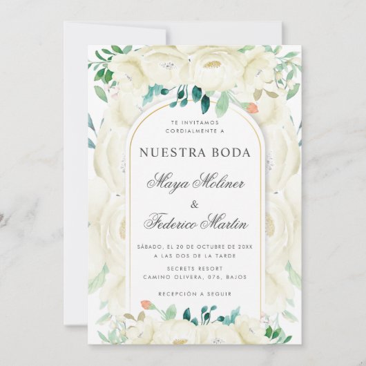 Invitation Jardin Floral Blanc Nuestra Boda Mariage espagnol (Devant)