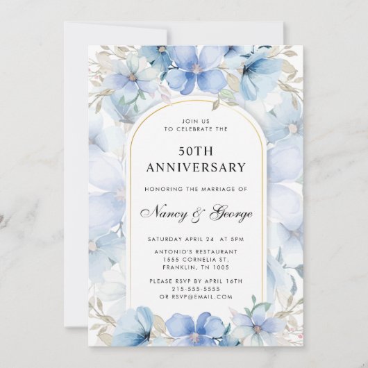 Invitation Jardin Floral Bleu 50e anniversaire du Mariage (Devant)