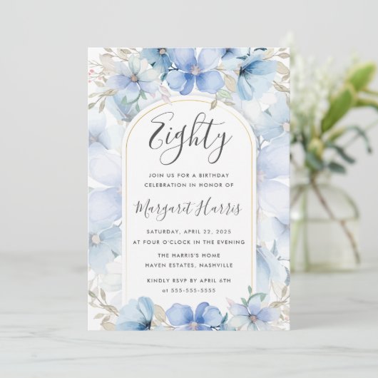 Invitation Jardin Floral Bleu 80e Quatre-vingts Anniversaire (Debout devant)