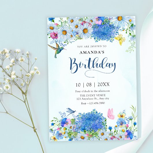 Invitation Jardin floral bleu aquarelle anniversaire