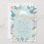Invitation Jardin Floral Bleu Blanc Lapin Fille 1er anniversa (Devant)