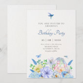 Invitation Jardin floral bleu esthétique anniversaire (Devant / Derrière)