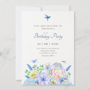 Invitation Jardin floral bleu esthétique anniversaire