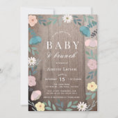 Invitation Jardin Floral Bois rustique Fille Baby shower Brun (Devant)