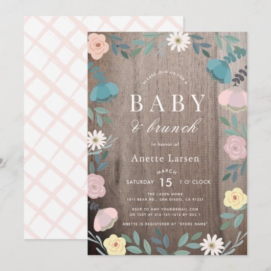 Invitation Jardin Floral Bois rustique Fille Baby shower Brun (Devant / Derrière)