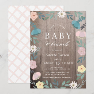 Invitation Jardin Floral Bois rustique Fille Baby shower Brun