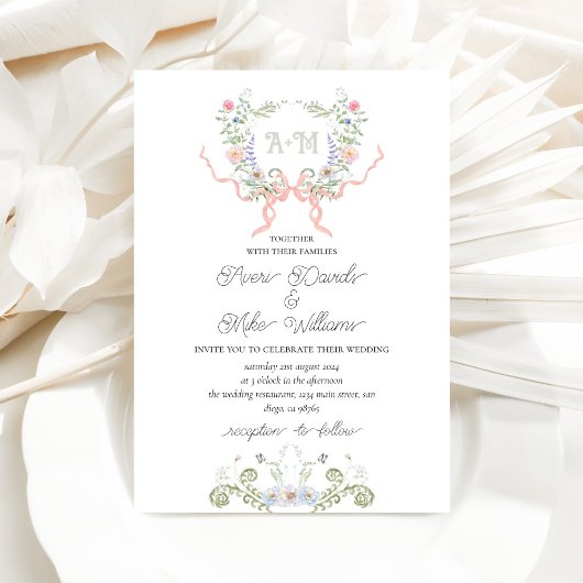 Invitation Jardin Floral Bow Crest Monogramme Mariage moderne