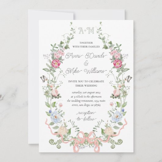 Invitation Jardin Floral Bow Monogramme Mariage (Devant)