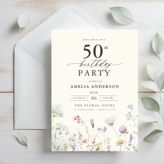 Invitation Jardin Floral Calligraphie 50e anniversaire