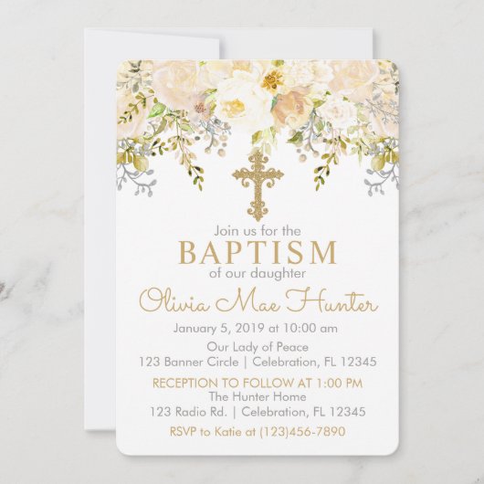 Invitation Jardin floral crème et or Baptême (Devant)