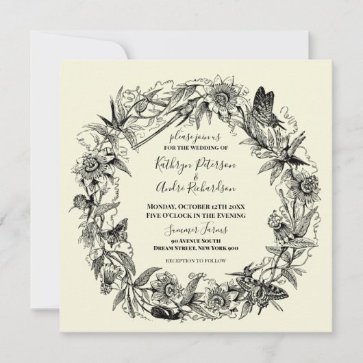 Invitation Jardin floral et Mariage de couronne de papillons (Devant)