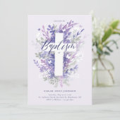 Invitation Jardin Floral Feuillage pourpre Croix Baptême bébé (Debout devant)