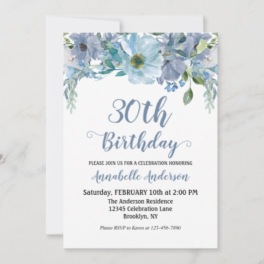Invitation Jardin Floral gris bleu Aquarelle Script Anniversa (Devant)