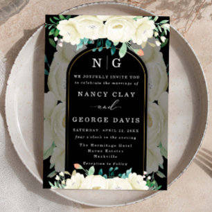 Invitation Jardin floral ivoire Monogramme Mariage noir