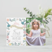 Invitation Jardin Floral Lapin Rose Fille Photo Anniversaire (Debout devant)