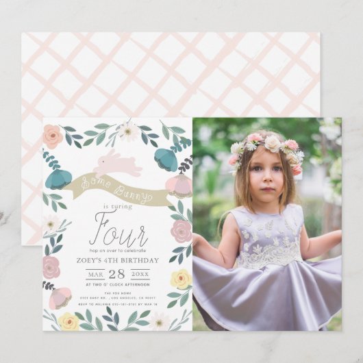 Invitation Jardin Floral Lapin Rose Fille Photo Anniversaire (Devant / Derrière)