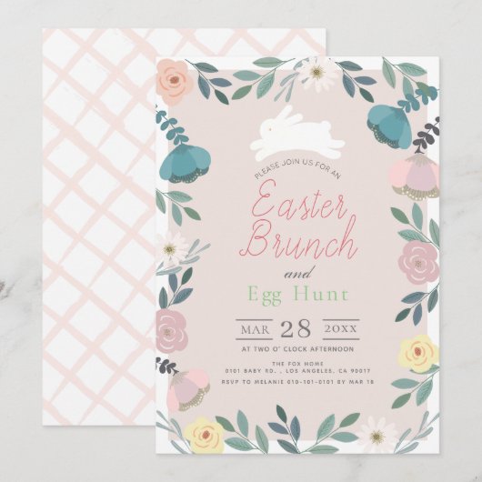 Invitation Jardin Floral Lapin Rose Pâques Brunch & Chasse au (Devant / Derrière)