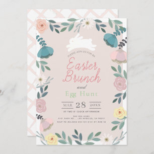 Invitation Jardin Floral Lapin Rose Pâques Brunch & Chasse au