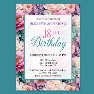 Invitation Jardin Floral Pastel Élégant 18ème Anniversaire