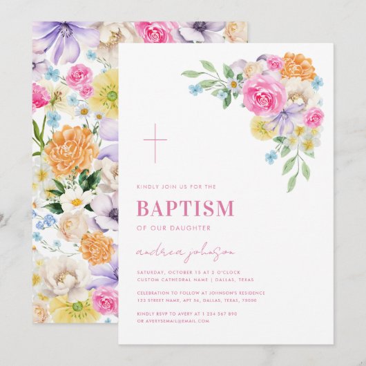 Invitation Jardin Floral Printemps Été Christening Baptême (Devant / Derrière)