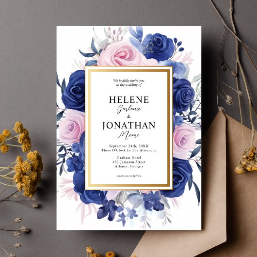 Invitation Jardin Floral Rose Bleu Marine Mariage élégant