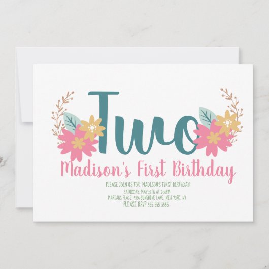 Invitation Jardin Floral rose fête à deux ans (Devant)