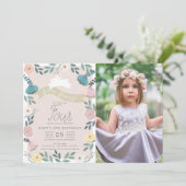 Invitation Jardin floral rose lapin blanc fille photo Anniver (Debout devant)