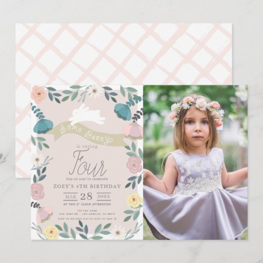 Invitation Jardin floral rose lapin blanc fille photo Anniver (Devant / Derrière)