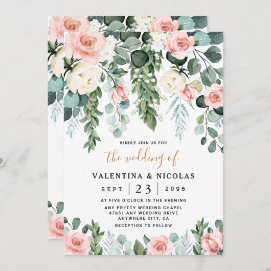 Invitation Jardin Floral rose pâle Rose Mariage d'aquarelle (Devant / Derrière)