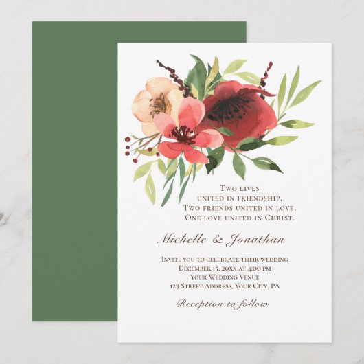 Invitation Jardin Floral Rose Rouge Mariage chrétien (Devant / Derrière)