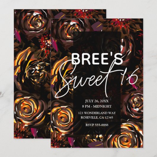 Invitation Jardin foncé Autumn Flowers Fall Sweet 16 Party (Devant / Derrière)