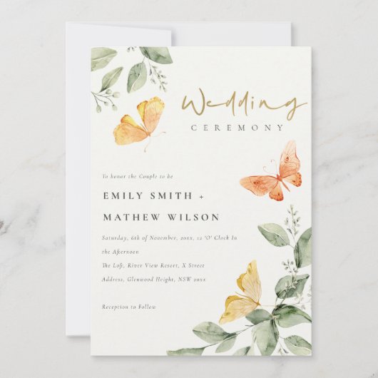 Invitation Jardin Jaune mignon Papillons Mariage (Devant)