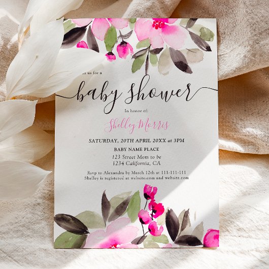 Invitation Jardin joli baby shower d'aquarelle fleurie rose