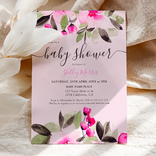 Invitation Jardin joli baby shower d'aquarelle fleurie rose