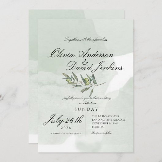 Invitation Jardin Mariage italien Script Aquarelle Olive (Devant / Derrière)