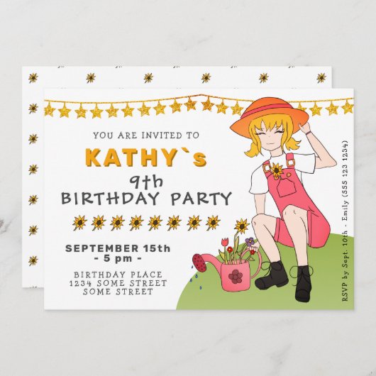 Invitation Jardin mignon fille avec fleurs Anniversaire (Devant / Derrière)