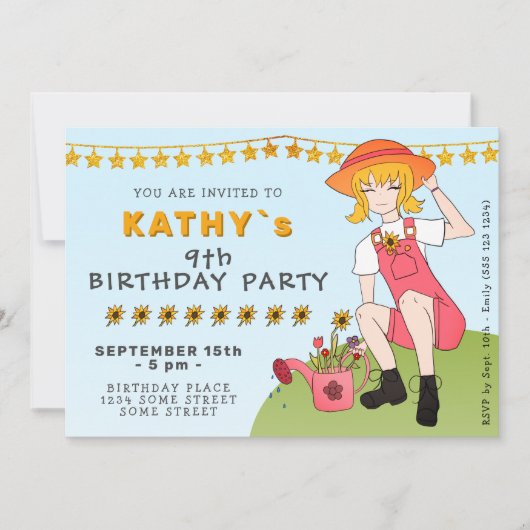 Invitation Jardin mignon fille avec fleurs Anniversaire (Devant)