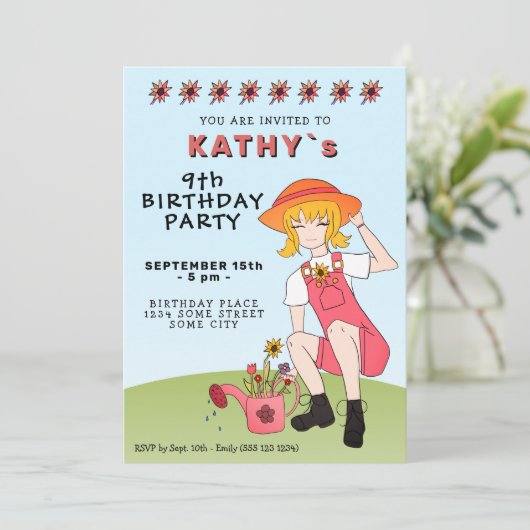 Invitation Jardin mignon fille avec fleurs Anniversaire (Debout devant)
