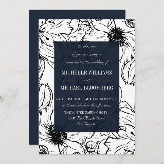 Invitation Jardin moderne | Bleu | mariage floral (Devant / Derrière)