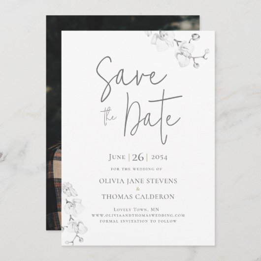 Invitation Jardin moderne Orchidées Mariage Photo Enregistrer (Devant / Derrière)