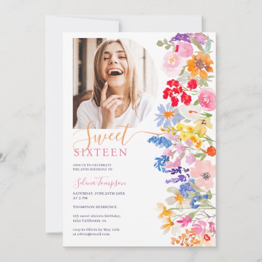 Invitation Jardin moderne script fleur sauvage Sweet 16 (Devant)