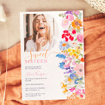 Invitation Jardin moderne script fleur sauvage Sweet 16<br><div class="desc">Elégant printemps moderne fleurs d'été peintes à la main aquarelle avec de jolis fleurs sauvages de jardin et script de brosse Sweet 16 anniversaire avec une typographie de calligraphie moderne avec rose,  blanc,  violet,  bleu,  rouge et orange fleurs avec verdure,  ajoutez votre photo en forme d'arc.</div>