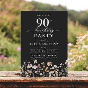 Invitation Jardin noir fleur sauvage Floral 90e anniversaire
