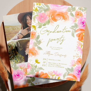 Invitation Jardin orange fleurs sauvages photo graduation