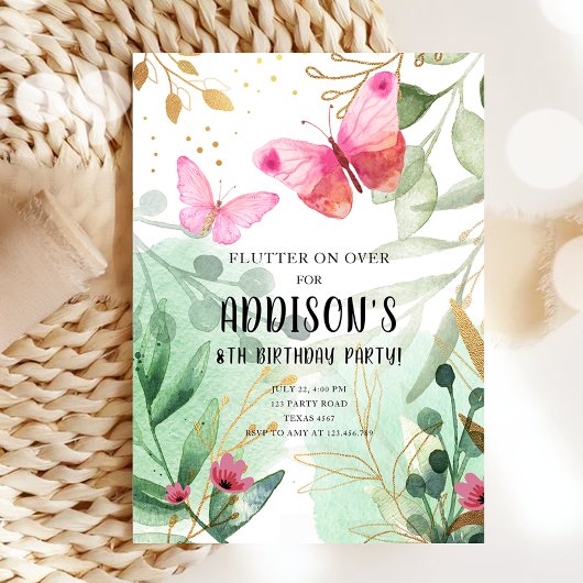 Invitation Jardin papillon Fleurs florales Or rose Anniversai