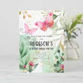 Invitation Jardin papillon Fleurs florales Or rose Anniversai (Debout devant)
