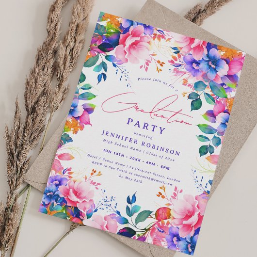 Invitation Jardin peint brillant Fête de Graduation Florale