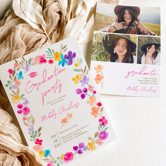 Invitation Jardin peint fleur sauvage graduation de prairie