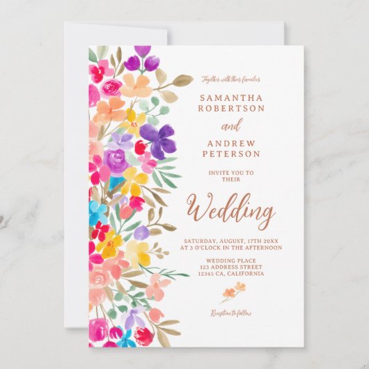 Invitation Jardin peint fleur sauvage script photo mariage (Devant)