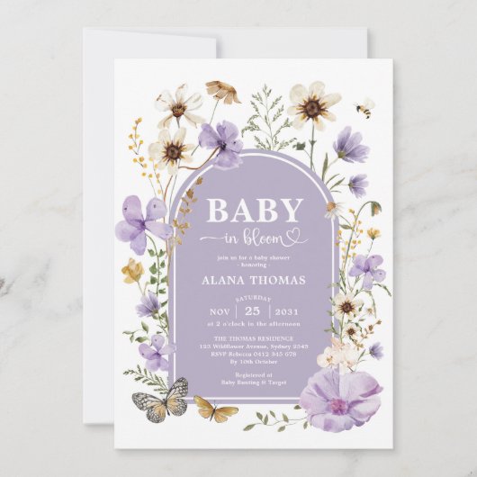 Invitation Jardin pourpre Fleur sauvage bébé en fleurs douche (Devant)